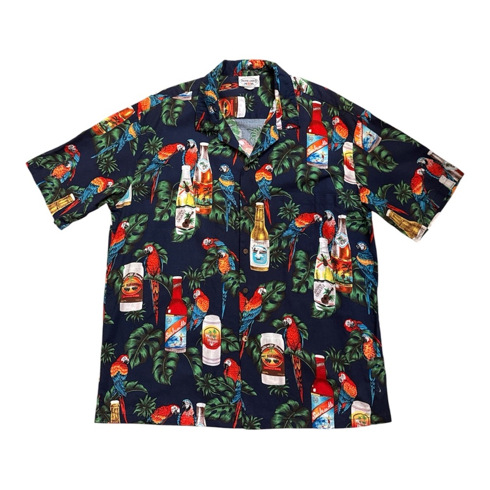 Pacific Legend Hawaiian Shirt Men 3XL Beer Parrots Button Cotton Navy Tropical